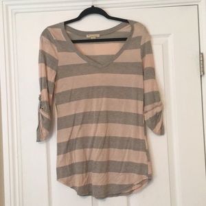 Pink & Gray Horizontal Stripped 3/4 Sleeve Shirt